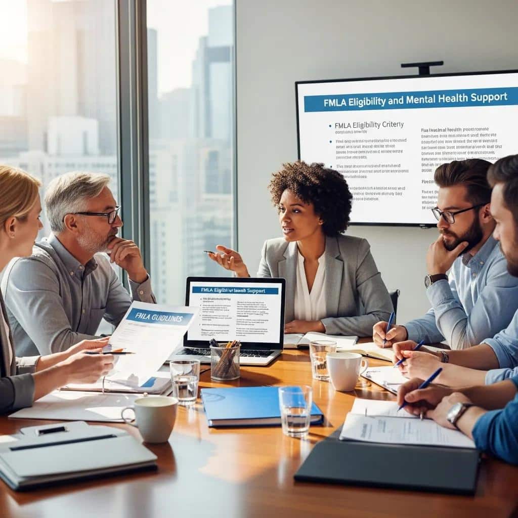 Employees discussing FMLA eligibility criteria in a meeting