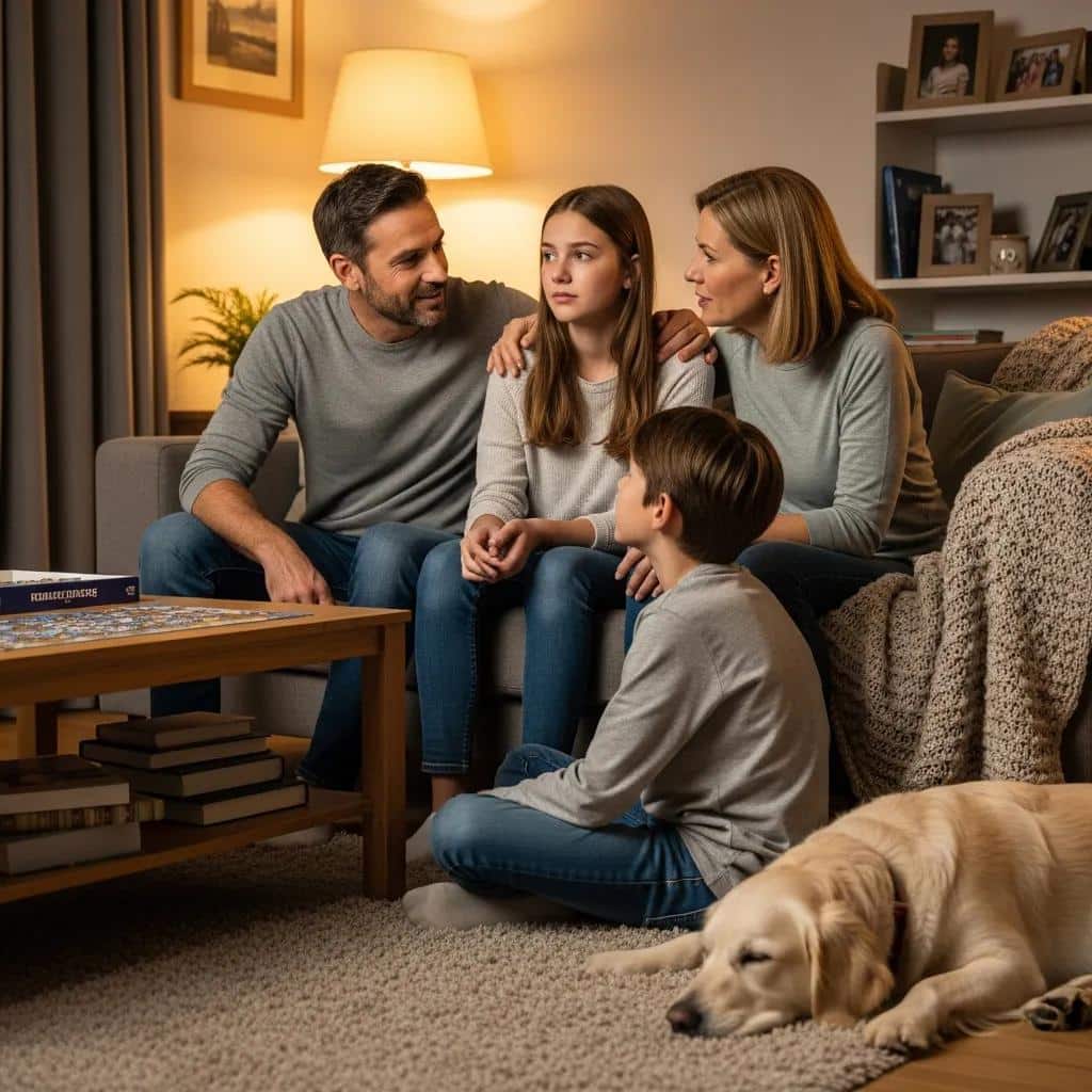 Family providing emotional support to a loved one in a comfortable home setting