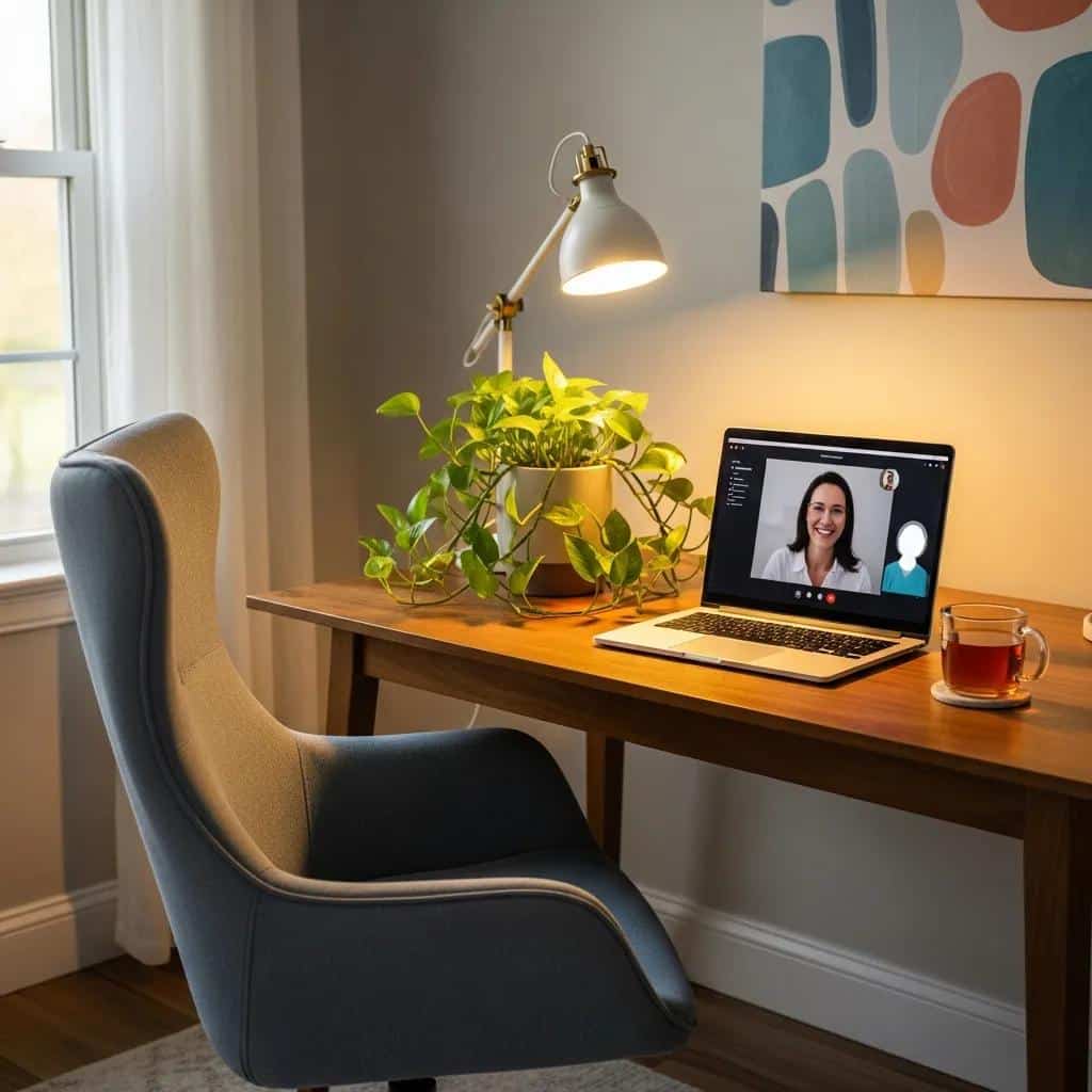 Home office setup for online mental health therapy with a laptop and calming decor