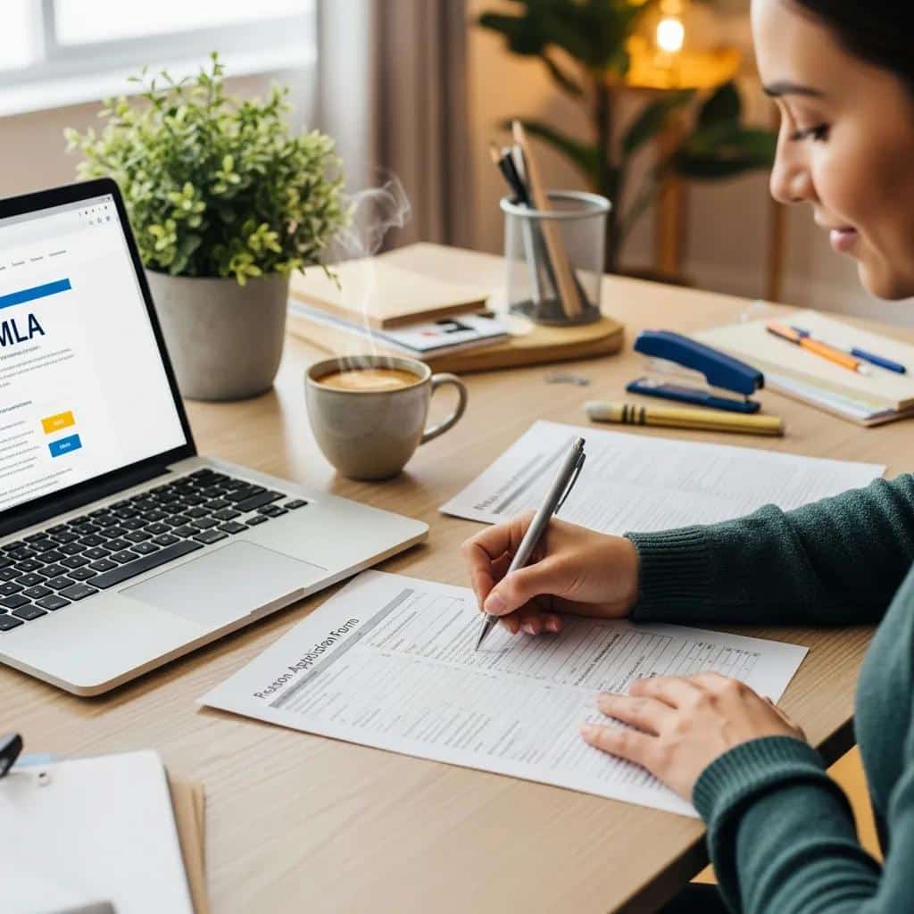 Individual completing FMLA application forms for mental health leave
