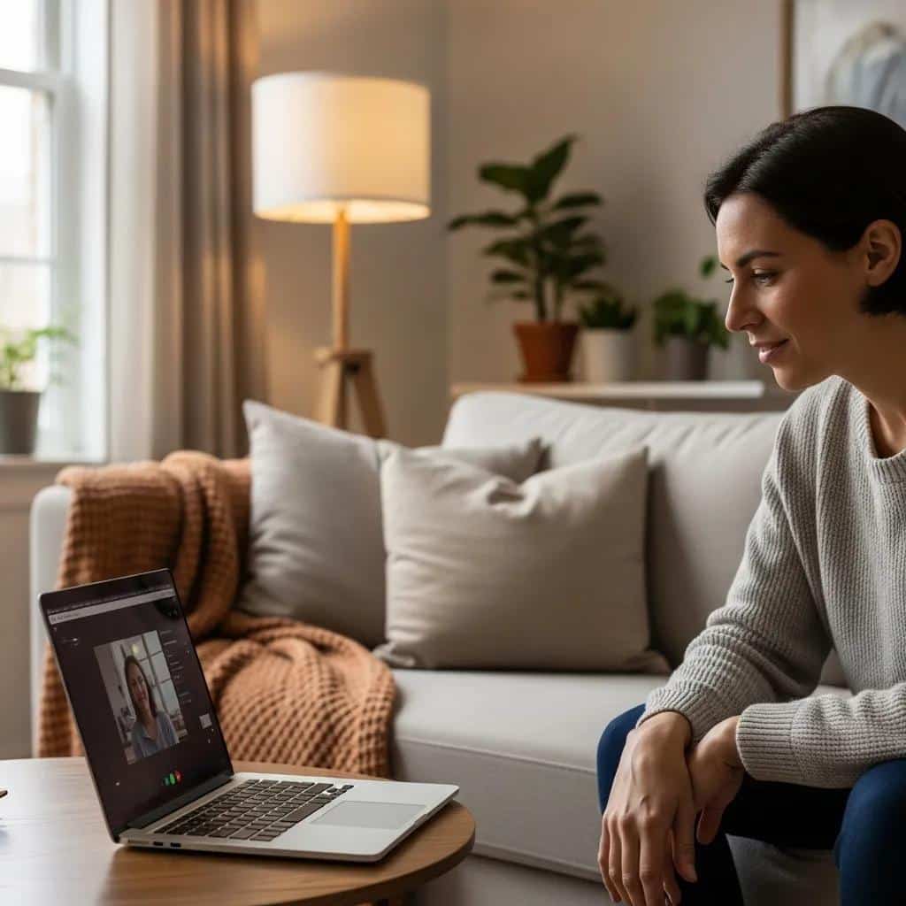 Individual participating in a teletherapy session from a comfortable home setting