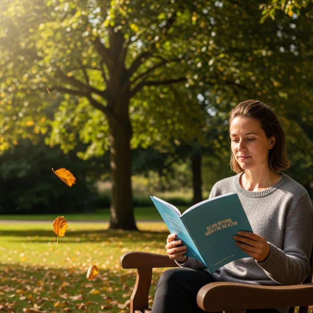 Individual reading about mental health rights in a peaceful park