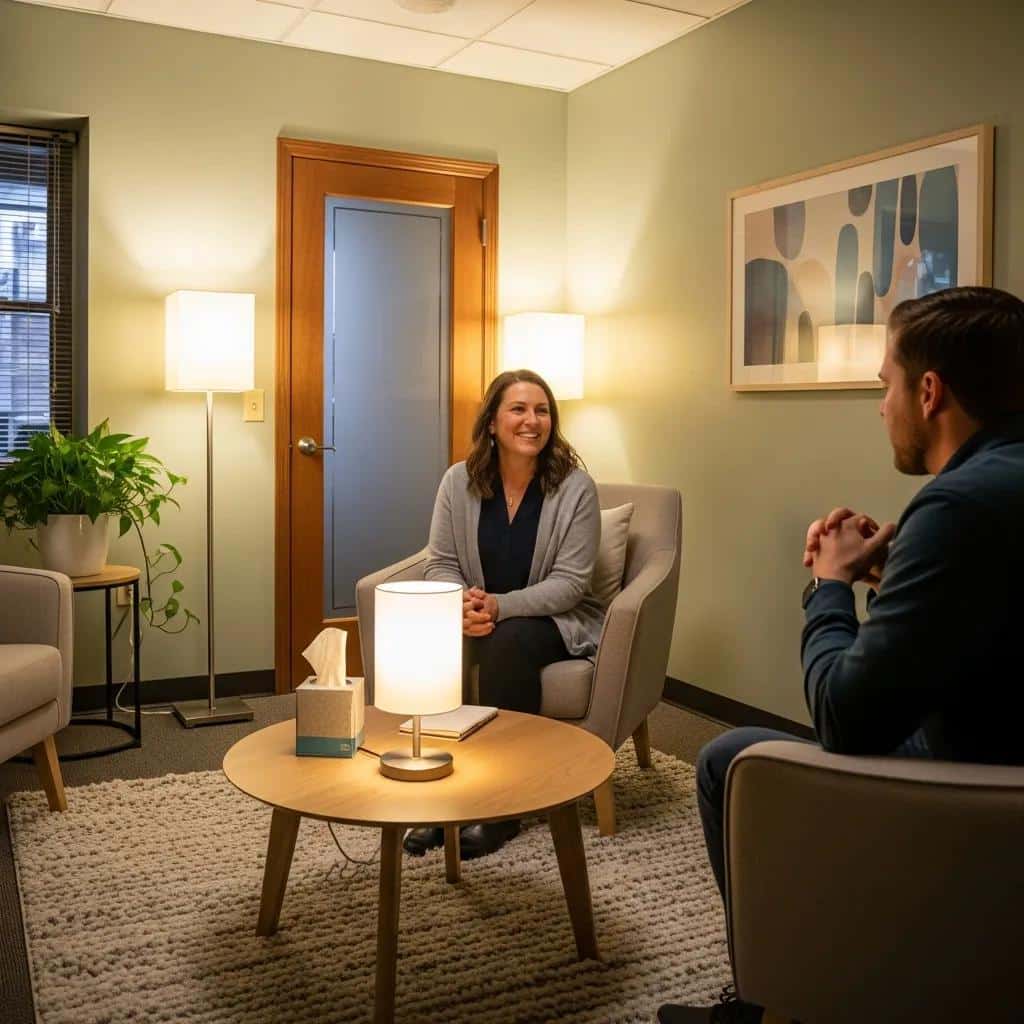 Mental health professional conducting a confidential assessment in a cozy setting
