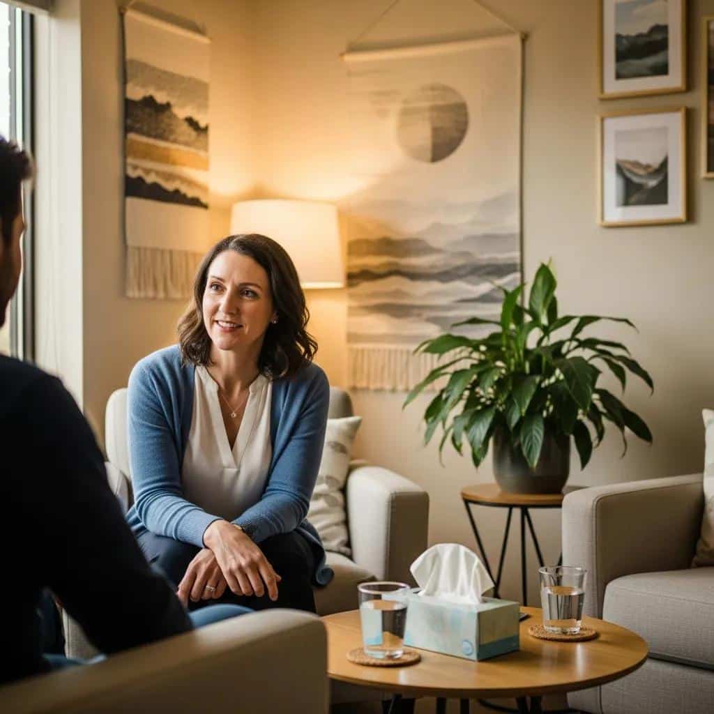 Mental health professional supporting a patient in recognizing psychotic symptoms