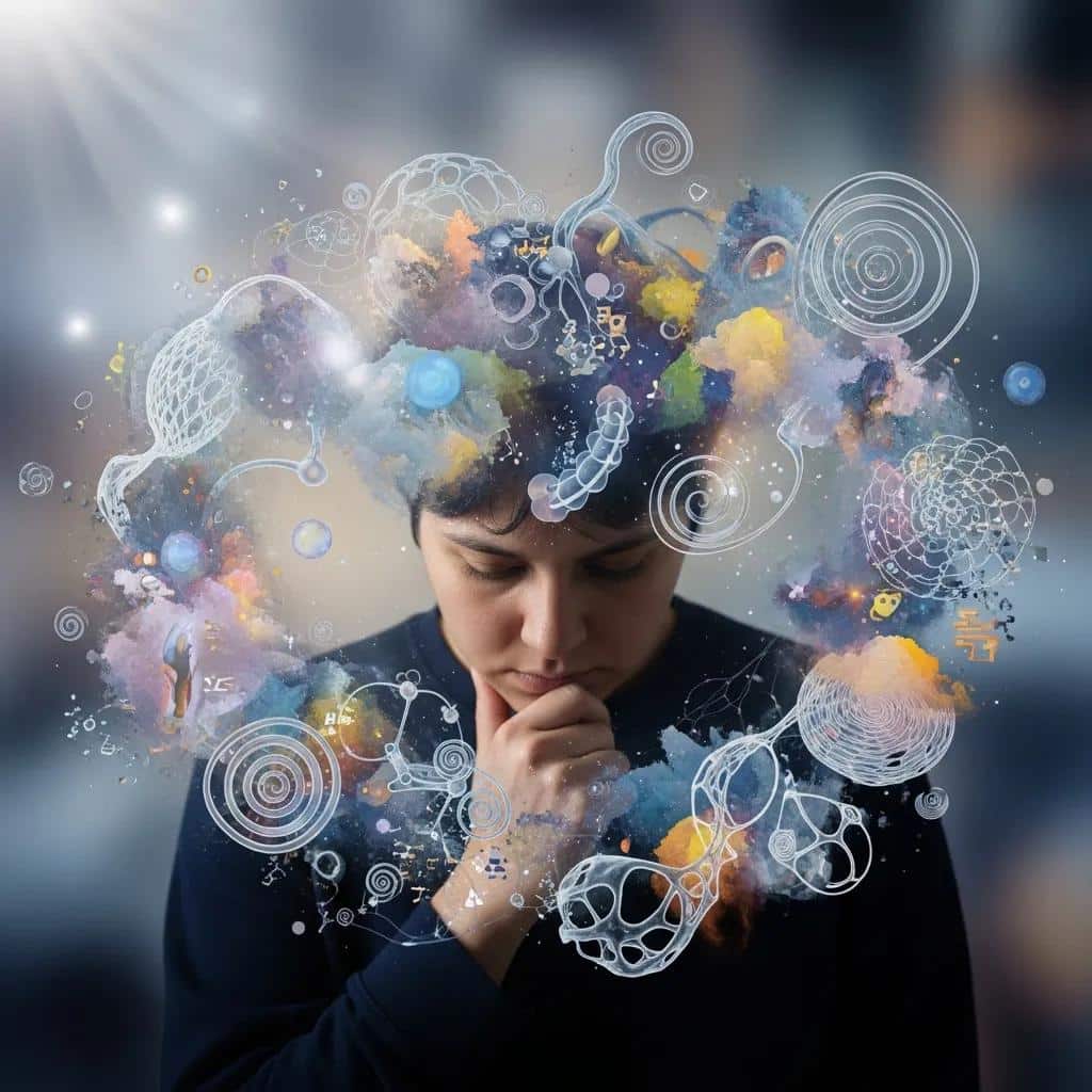 Person in deep thought surrounded by abstract representations of delusions and emotions