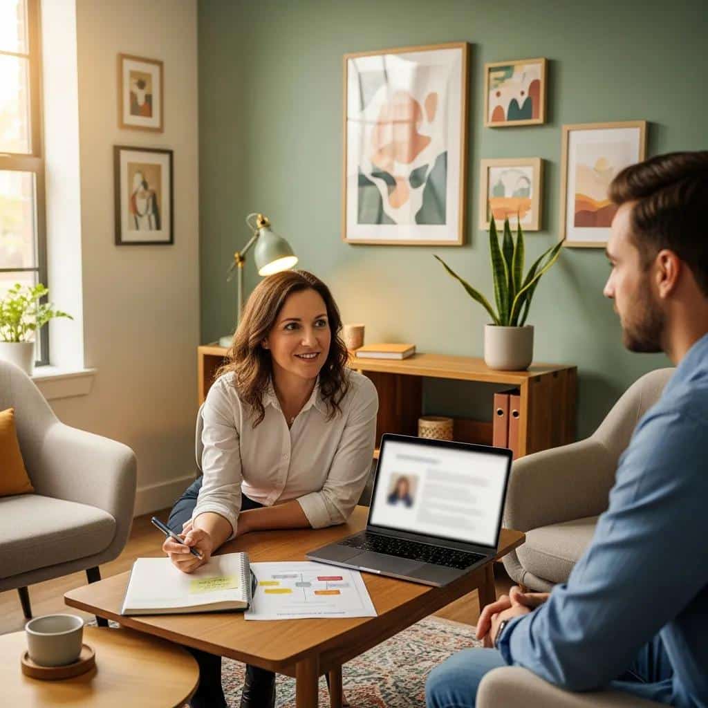 Therapist and client discussing personalized treatment plans in a supportive environment