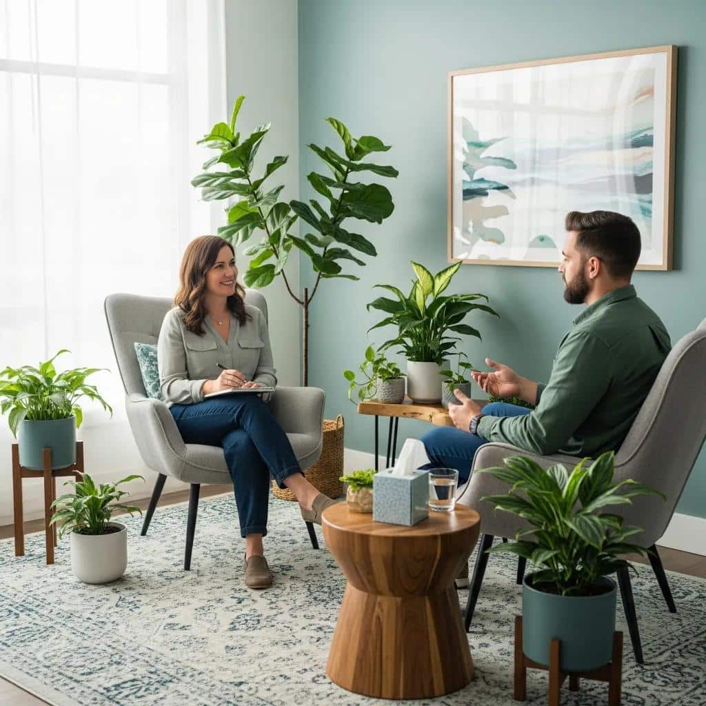 Therapist and client discussing treatment options for delusions in a comfortable setting