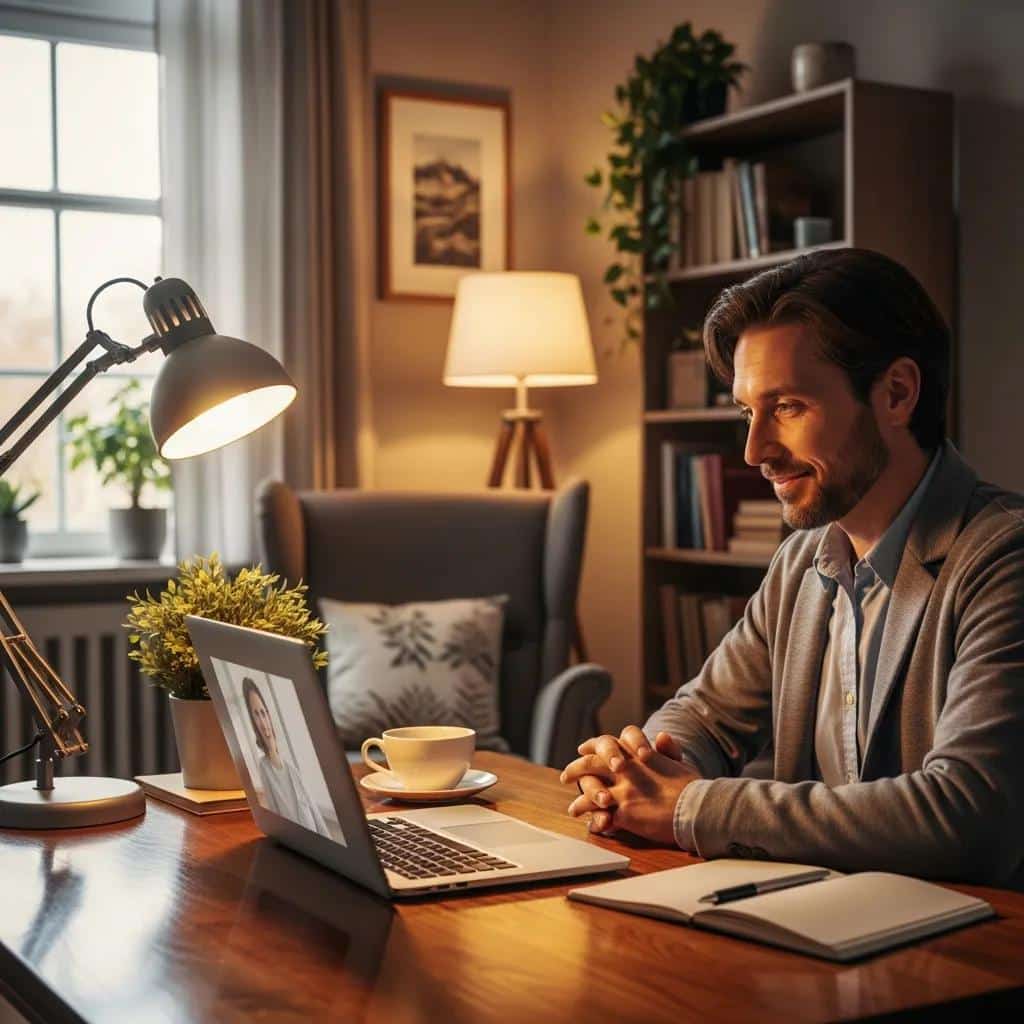 Therapist conducting a virtual counseling session in a cozy office