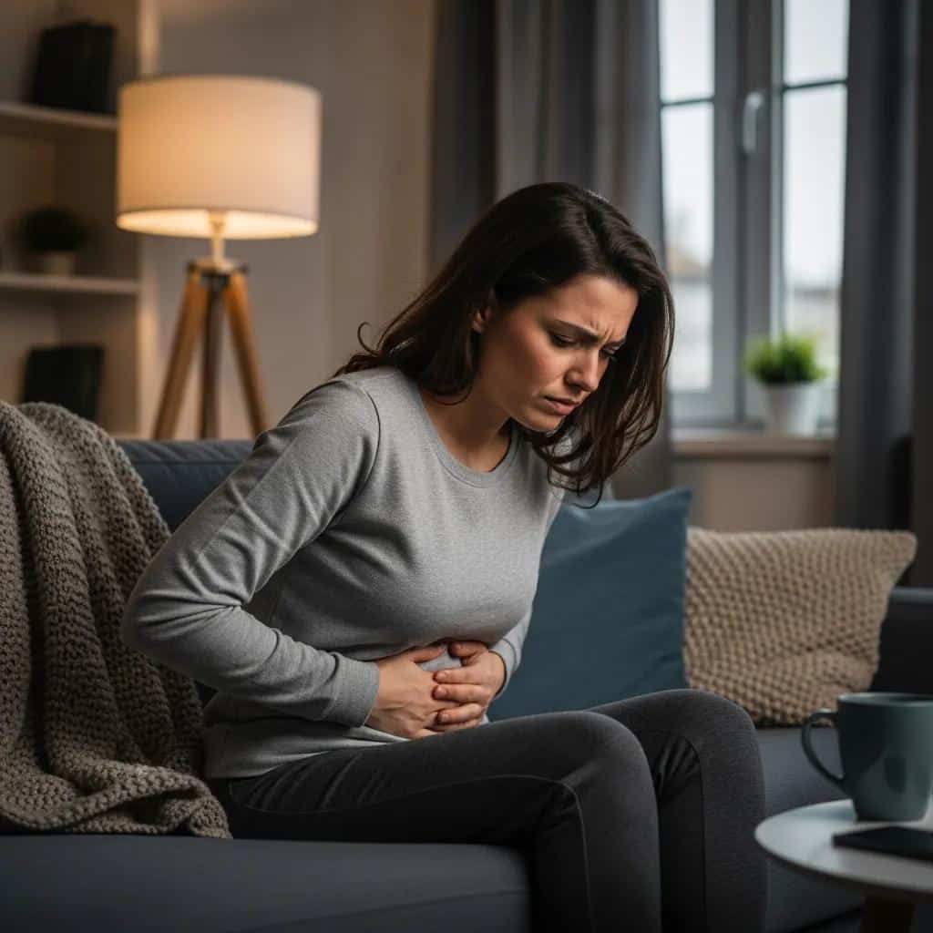 Woman holding her abdomen in discomfort, representing physical symptoms of PMDD