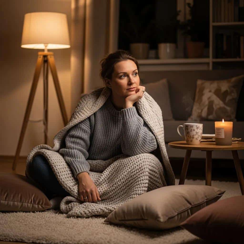 Woman in a cozy room reflecting on emotions, symbolizing self-care and understanding of PMDD